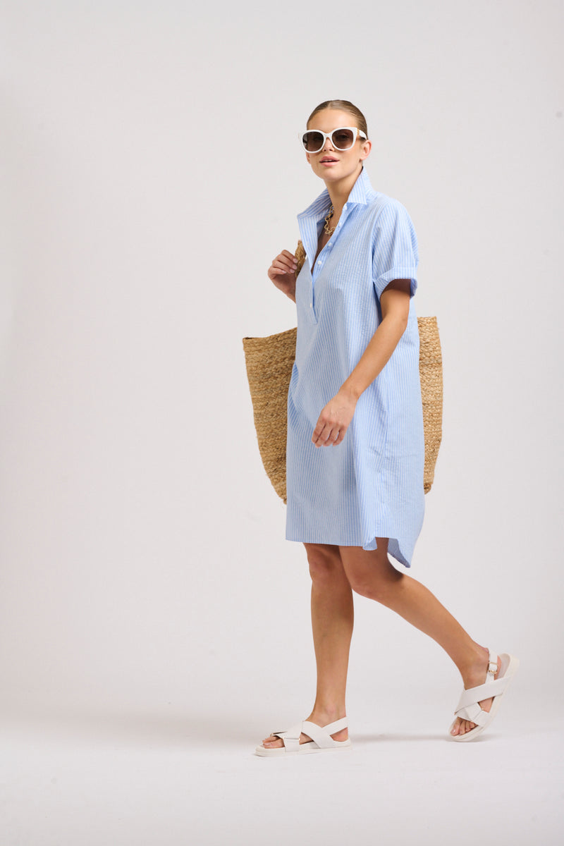 Shirty Katie Popover Dress Mid Blue Stripe