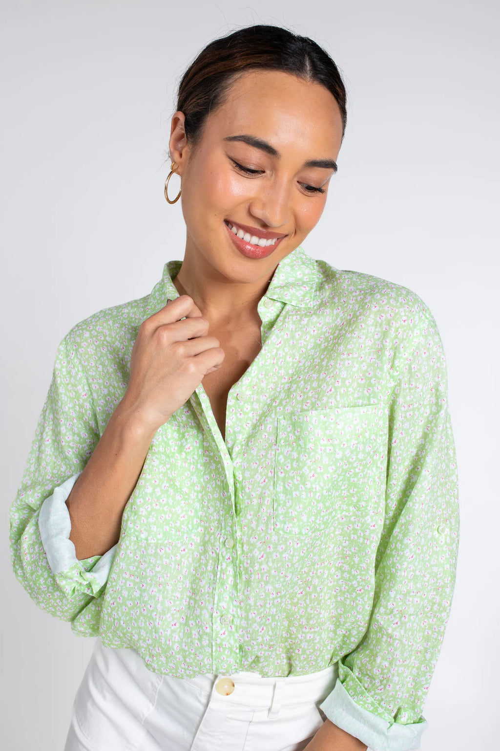 Hut Clothing Boyfriend Linen Shirt Green Ditsy Floral